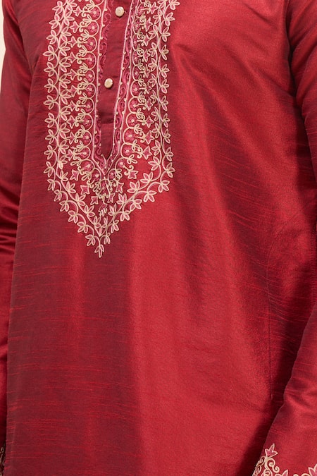 Buy_Arihant Rai Sinha_Red Silk Embroidery Placement Kurta Pant Set _Online_at_Aza_Fashions