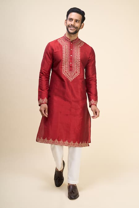 Shop_Arihant Rai Sinha_Red Silk Embroidery Placement Kurta Pant Set _Online_at_Aza_Fashions