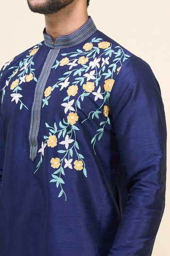 Shop Arihant Rai Sinha Blue Silk Embroidery Floral Kurta Pant Set Online at Aza Fashions Shop_Arihant Rai Sinha_Blue Silk Embroidery Floral Kurta Pant Set _Online_at_Aza_Fashions