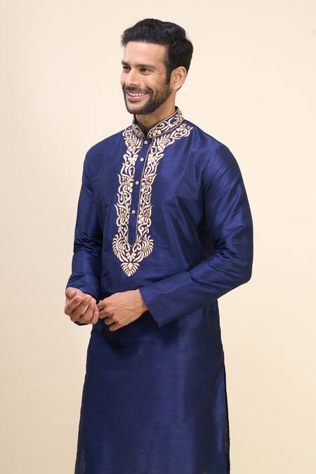 Buy Arihant Rai Sinha Blue Silk Embroidery Placement Kurta Pant Set Online at Aza Fashions Buy_Arihant Rai Sinha_Blue Silk Embroidery Placement Kurta Pant Set _Online_at_Aza_Fashions