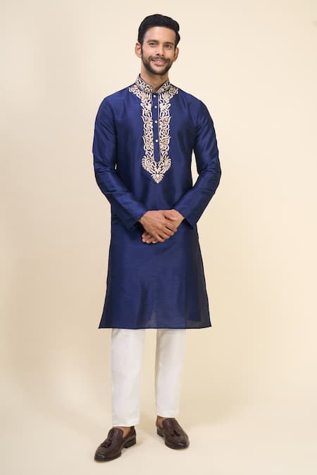 Shop Arihant Rai Sinha Blue Silk Embroidery Placement Kurta Pant Set Online at Aza Fashions Shop_Arihant Rai Sinha_Blue Silk Embroidery Placement Kurta Pant Set _Online_at_Aza_Fashions