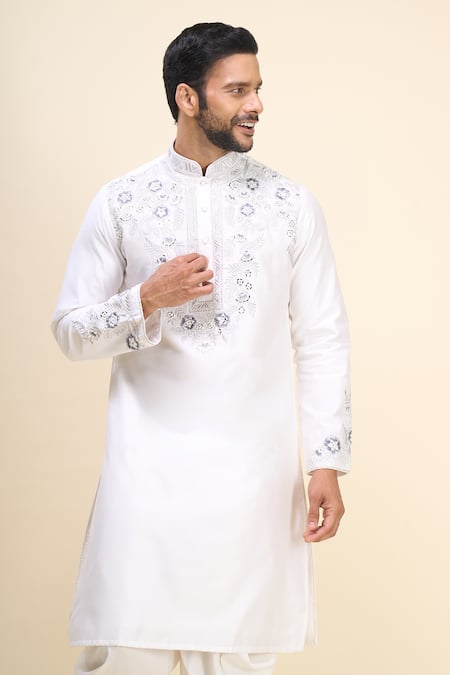 Buy_Arihant Rai Sinha_White Silk Embroidery Floral Kurta Pant Set _Online_at_Aza_Fashions