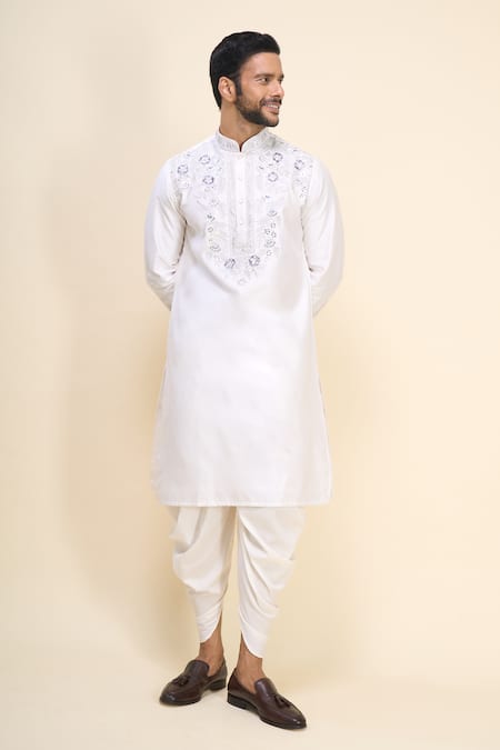 Shop_Arihant Rai Sinha_White Silk Embroidery Floral Kurta Pant Set _Online_at_Aza_Fashions