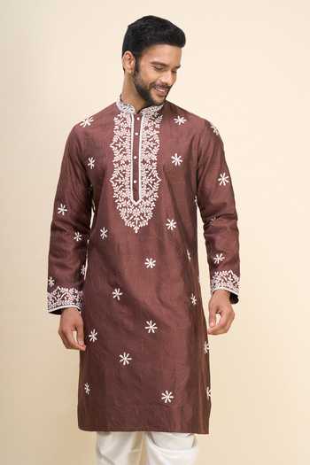 Arihant Rai Sinha_Brown Silk Embroidery Kurta Patiala Pant Set _Online_at_Aza_Fashions
