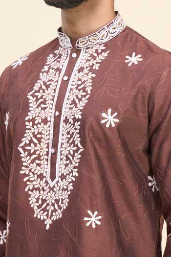 Buy_Arihant Rai Sinha_Brown Silk Embroidery Kurta Patiala Pant Set _Online_at_Aza_Fashions
