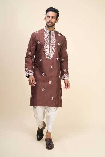 Arihant Rai Sinha_Brown Silk Embroidery Kurta Patiala Pant Set _at_Aza_Fashions