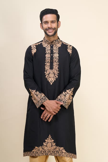 Arihant Rai Sinha_Black Silk Embroidery Kurta Patiala Pant Set _Online_at_Aza_Fashions