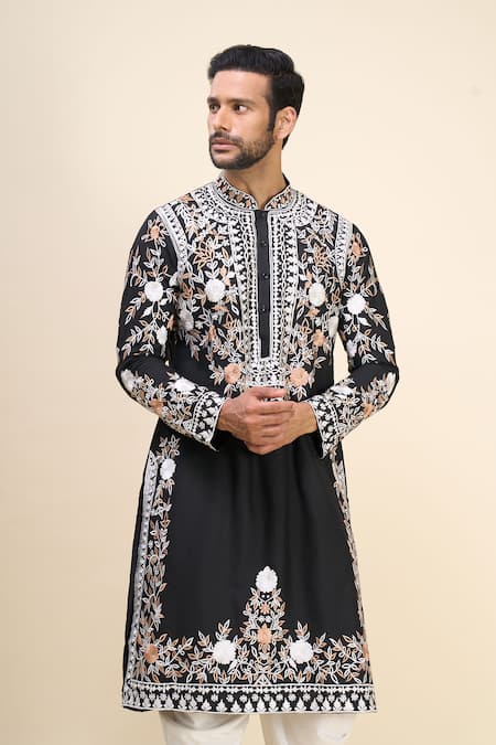 Arihant Rai Sinha_Black Silk Embroidery Kurta Patiala Pant Set _Online_at_Aza_Fashions