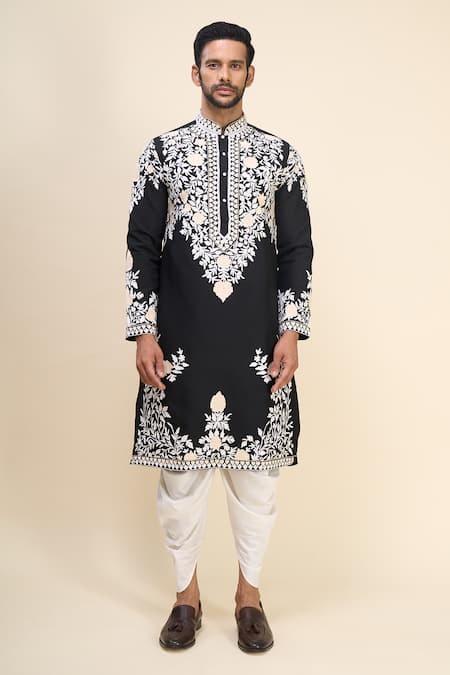 Arihant Rai Sinha_Black Silk Embroidery Garden Kurta Pant Set _Online_at_Aza_Fashions