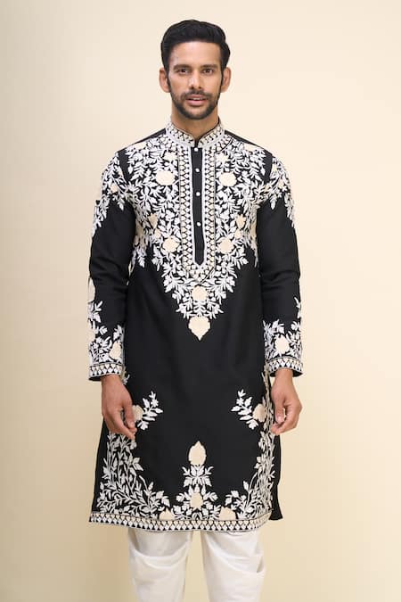 Shop_Arihant Rai Sinha_Black Silk Embroidery Garden Kurta Pant Set _Online_at_Aza_Fashions
