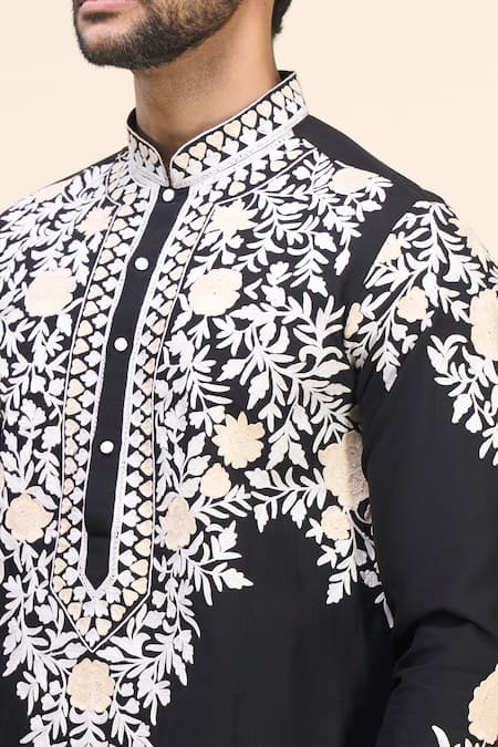 Arihant Rai Sinha_Black Silk Embroidery Garden Kurta Pant Set _at_Aza_Fashions