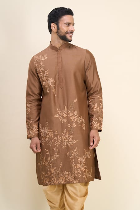 Buy_Arihant Rai Sinha_Brown Silk Embroidery Kurta Patiala Pant Set _Online_at_Aza_Fashions