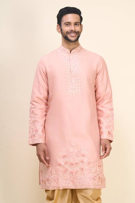 Arihant Rai Sinha_Coral Silk Embroidery Thread Work Kurta Patiala Pant Set _Online_at_Aza_Fashions