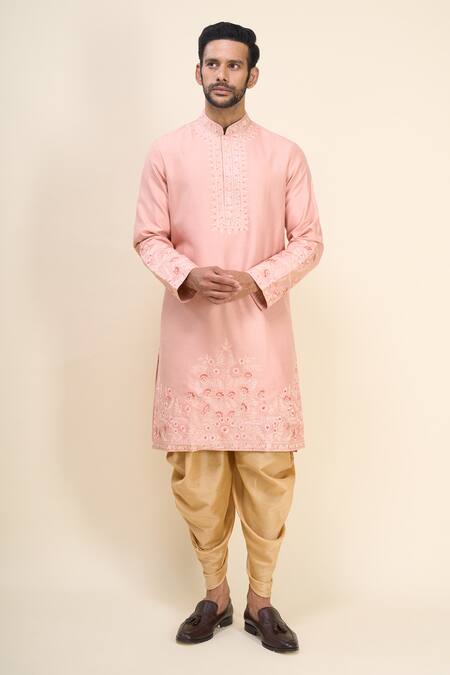 Buy_Arihant Rai Sinha_Coral Silk Embroidery Thread Work Kurta Patiala Pant Set _Online_at_Aza_Fashions