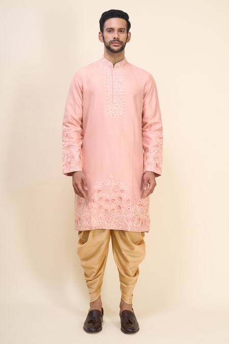 Arihant Rai Sinha_Coral Silk Embroidery Thread Work Kurta Patiala Pant Set _at_Aza_Fashions