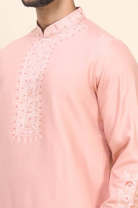 Buy_Arihant Rai Sinha_Coral Silk Embroidery Thread Work Kurta Patiala Pant Set 