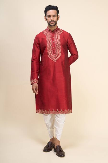 Buy_Arihant Rai Sinha_Red Silk Embroidery Thread Work Bodice Kurta Set _Online_at_Aza_Fashions