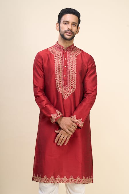 Arihant Rai Sinha_Red Silk Embroidery Thread Work Bodice Kurta Set _at_Aza_Fashions