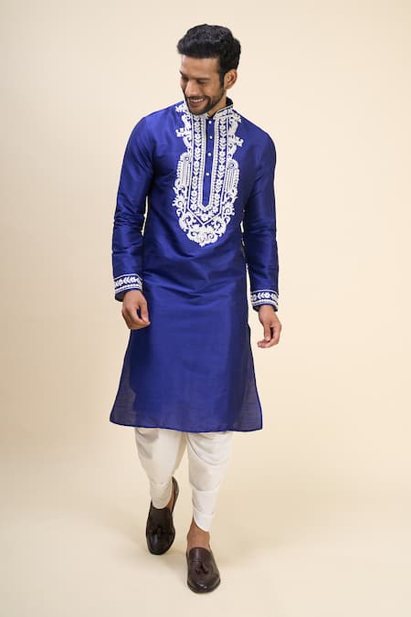 Arihant Rai Sinha_Blue Silk Embroidery Thread Work Bodice Kurta Set _Online_at_Aza_Fashions