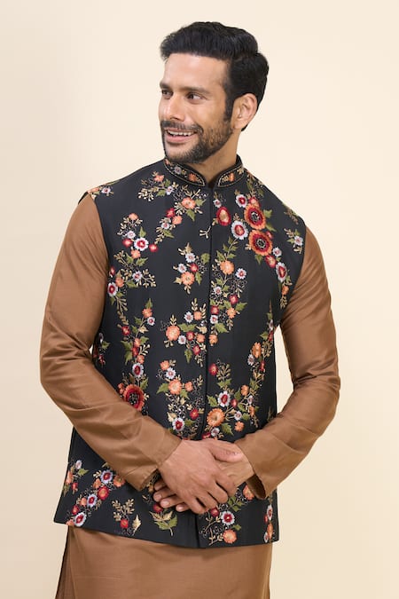 Shop_Arihant Rai Sinha_Black Silk Embroidery Floral Bundi Kurta Set _Online_at_Aza_Fashions