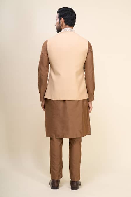 Buy_Arihant Rai Sinha_Beige Silk Embroidery Floral Bundi Kurta Set _Online_at_Aza_Fashions