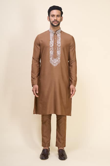 Shop_Arihant Rai Sinha_Beige Silk Embroidery Floral Bundi Kurta Set _Online_at_Aza_Fashions