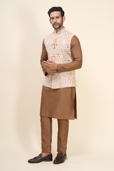 Arihant Rai Sinha_Beige Silk Embroidery Floral Bundi Kurta Set _at_Aza_Fashions