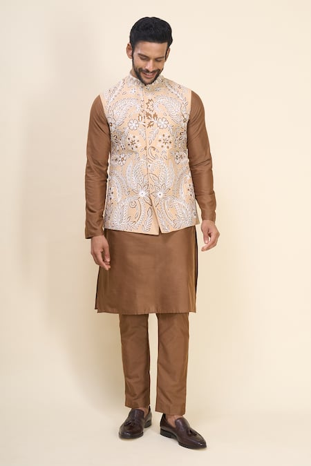 Shop_Arihant Rai Sinha_Beige Silk Embroidery Floral Bundi Kurta Set 