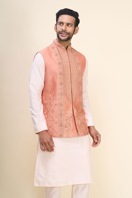 Arihant Rai Sinha_Peach Silk Embroidery, Mirrors Floral And Work Bundi Kurta Set _Online_at_Aza_Fashions