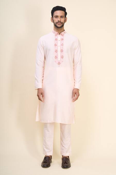 Shop_Arihant Rai Sinha_Peach Silk Embroidery, Mirrors Floral And Work Bundi Kurta Set _Online_at_Aza_Fashions