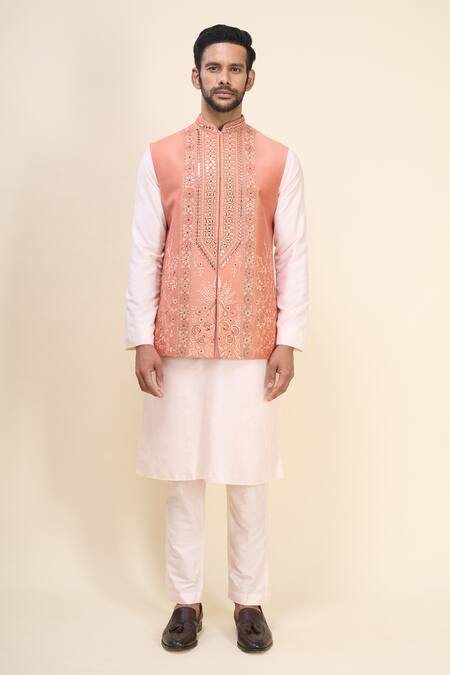 Arihant Rai Sinha_Peach Silk Embroidery, Mirrors Floral And Work Bundi Kurta Set _at_Aza_Fashions