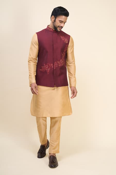 Buy_Arihant Rai Sinha_Wine Silk Embroidery Floral Bundi Kurta Set _Online_at_Aza_Fashions