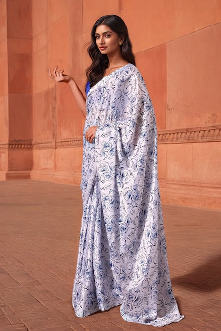 Shop_Naintara Bajaj_White Chinon V-neck Floral Print Pre-draped Saree With Blouse _Online_at_Aza_Fashions