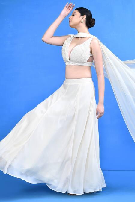 Shop_Sayisha_Off White Chinon, Chiffon Embroidery V-neck Plain Lehenga Set _Online_at_Aza_Fashions