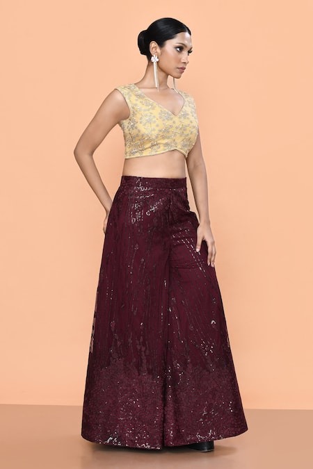 Buy_Sayisha_Maroon Net, Crepe Sequins, Embroidery, Beads V-neck Work Palazzo And Top Set 