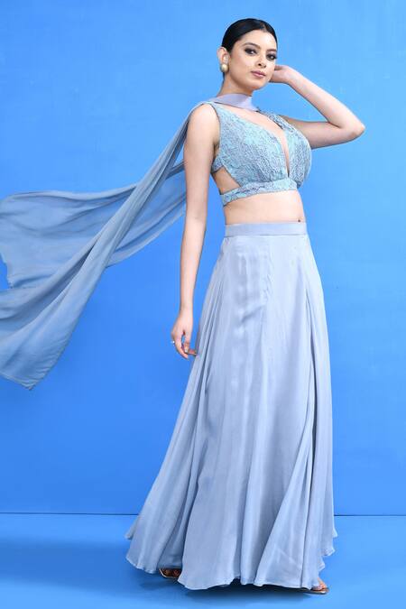 Sayisha_Blue Chinon, Lace, Chiffon Lace, Embroidery V-neck Work Blouse Lehenga Set _at_Aza_Fashions