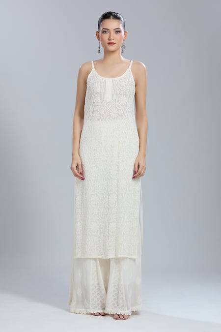 Shop_LABEL AISHWARYRIKA_White Embroidery Round Neck Kurta Sharara Set _Online_at_Aza_Fashions