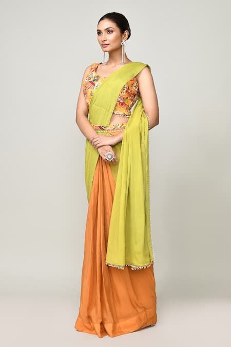 Sayisha_Green Chinon, Net Beads, Embroidery, Pre-draped Saree With Sleeveless Blouse _at_Aza_Fashions
