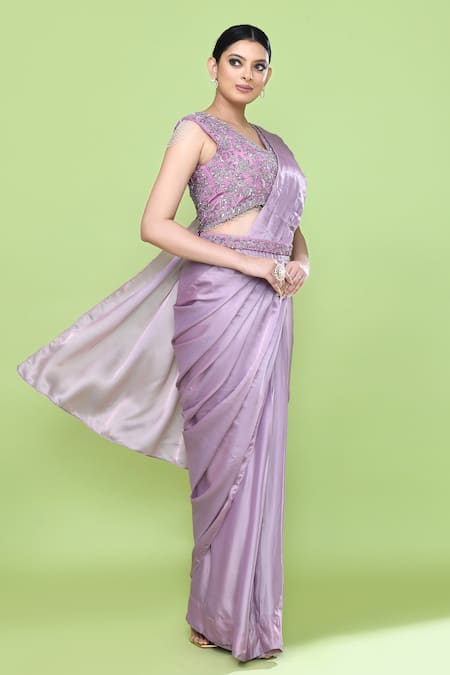 Buy_Sayisha_Mauve Silk, Chinon Embroidery, Solid Pre-draped Saree With Sleeveless Blouse 