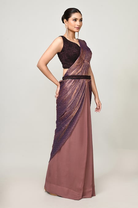 Sayisha_Brown Georgette, Silk, Net Embroidery Pre-draped Saree With Floral Woven Blouse _at_Aza_Fashions