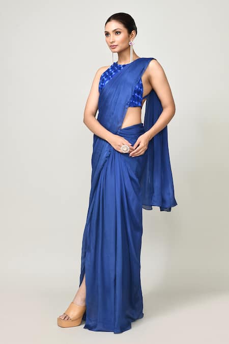Sayisha_Blue Chinon, Chiffon, Net Embroidery Halter Neck Pre-draped Saree With Blouse _at_Aza_Fashions