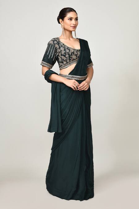 Sayisha_Green Chinon, Chiffon, Silk Embroidery, Zari, Pre-draped Saree With Blouse _at_Aza_Fashions