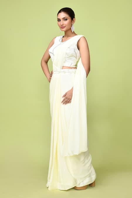 Sayisha_Off White Chinon, Chiffon, Silk Pre-draped Saree With Sleeveless Blouse _at_Aza_Fashions