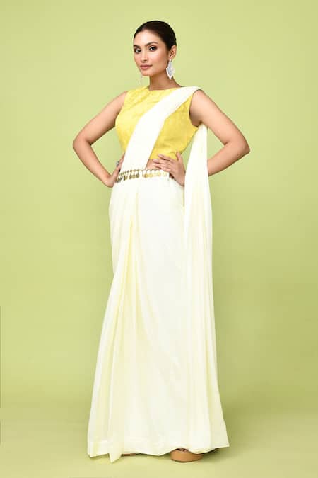 Sayisha_Off White Chinon, Chiffon, Silk Embroidery Pre-draped Saree With Woven Blouse _at_Aza_Fashions