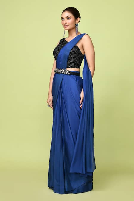 Sayisha_Blue Chinon, Chiffon, Silk Zari One Shoulder Pre-draped Saree With Blouse _at_Aza_Fashions