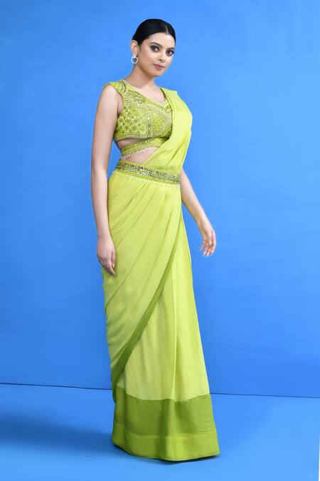 Sayisha_Green Chinon, Chiffon, Silk Embroidery, Mirrors, Pre-draped Saree With Blouse _at_Aza_Fashions