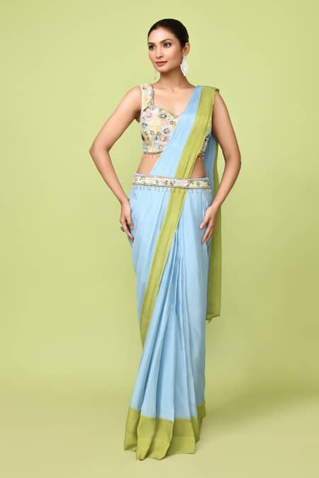 Sayisha Colorblock Pre-Draped Saree With Embellished Blouse 