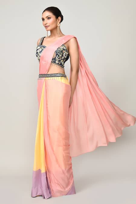 Sayisha_Peach Chinon, Chiffon, Silk Embroidery, Beads Pre-draped Saree With Blouse _Online_at_Aza_Fashions