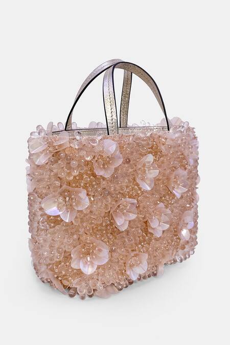 Buy_Versuhz_Pink Beads, Applique Blush Aurora Luxe Beaded 3d Floral Handbag _Online_at_Aza_Fashions