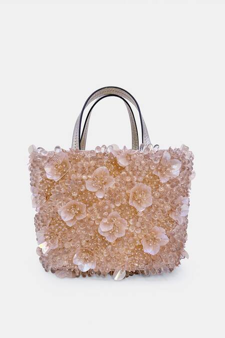 Shop_Versuhz_Pink Beads, Applique Blush Aurora Luxe Beaded 3d Floral Handbag _Online_at_Aza_Fashions